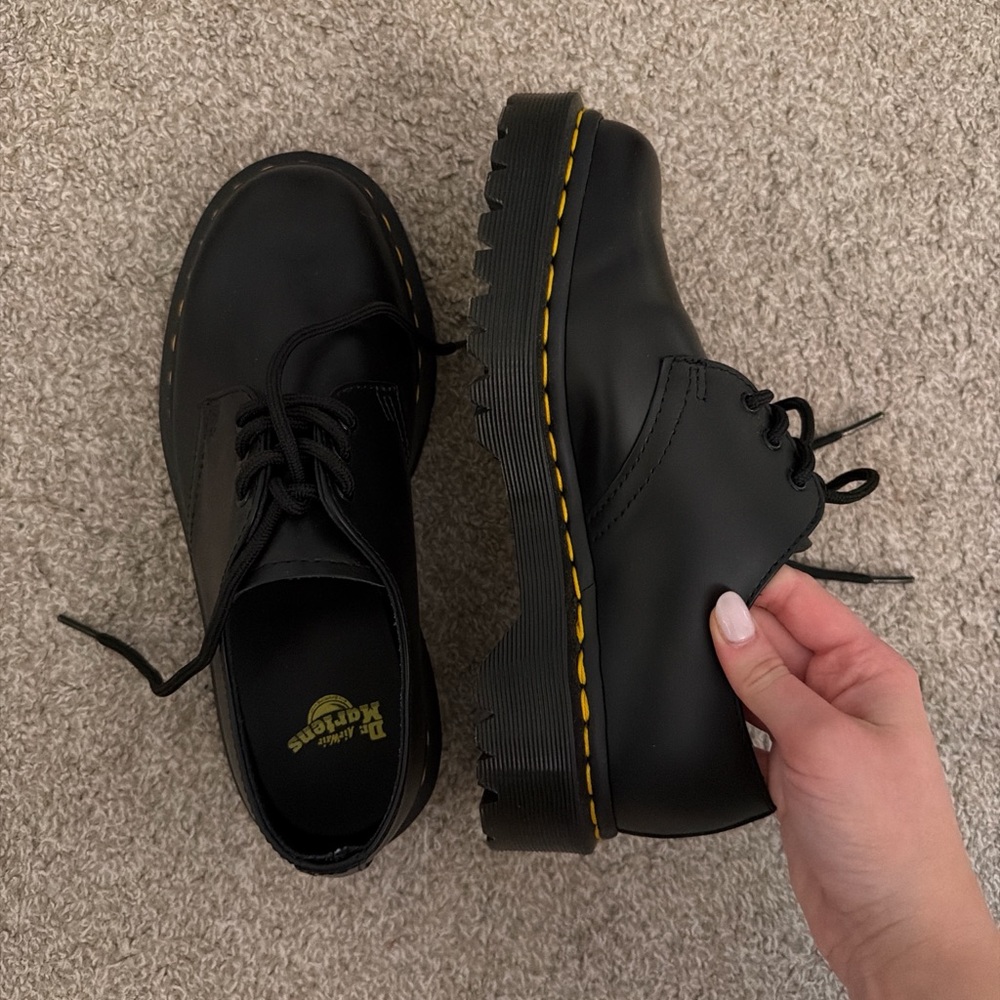 Dr. Martens Black Leather 3-Eye Shoes with Yellow Stitching
